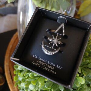 Laura Janelle black plate star 3 stacking adjustable cubic zirconia ring set NEW
